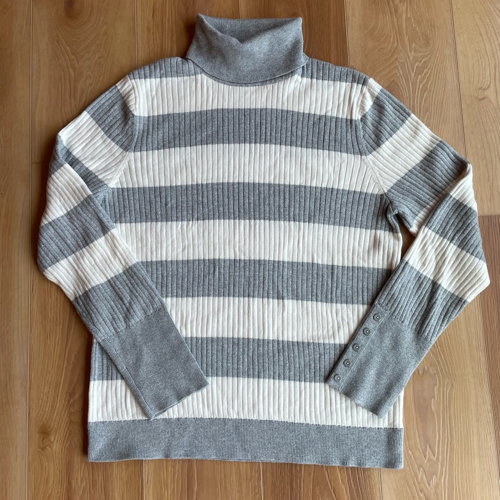 Talbots Turtleneck Sweater Silver Winter White Stripes Holiday Soft  XL